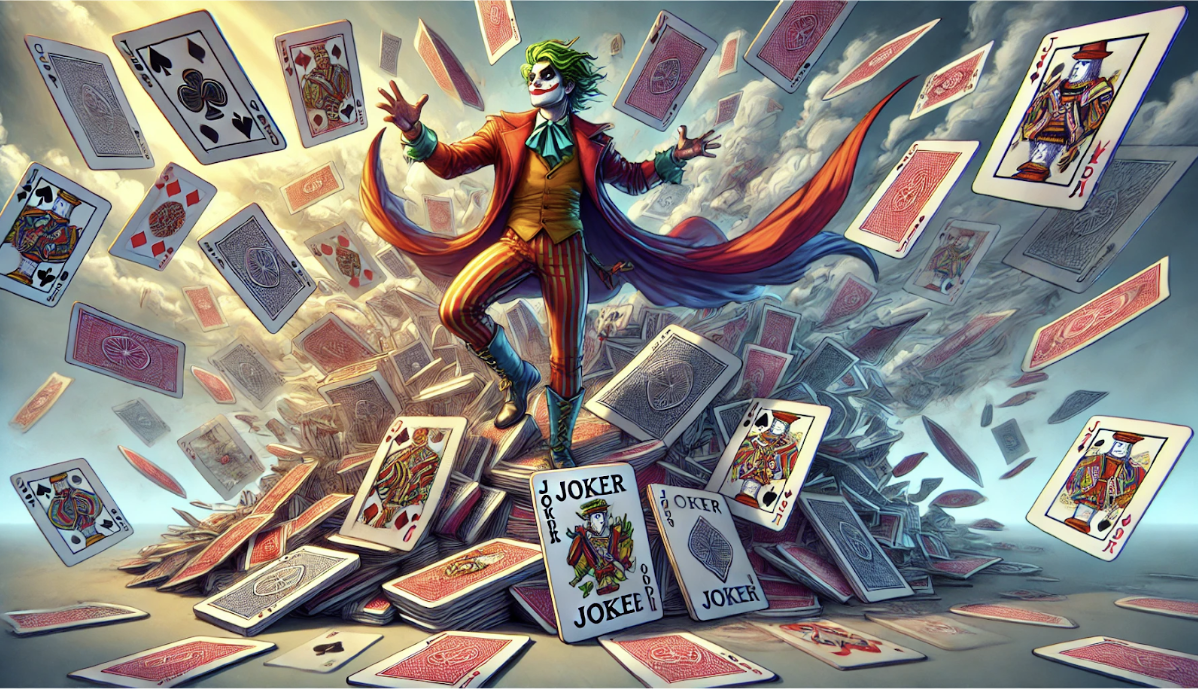 Joker emerging from card whirlwind